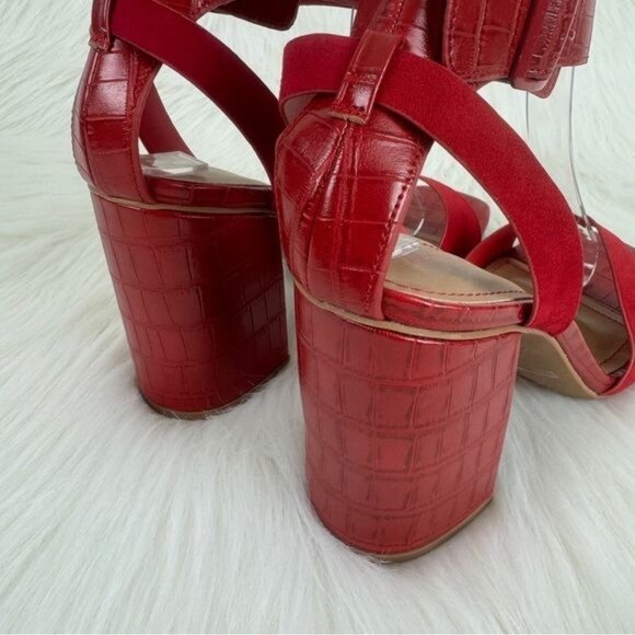 Bamboo Red Milestone Croc Accent Ankle Strap Chunky Block Heel Sandals - Picture 10 of 10